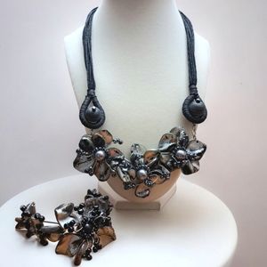Mother of Pearl & Bead Handmade Necklace & Bracelet Set Floral Unique Goth